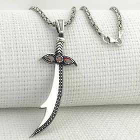 925 Ayar Gümüş Kırmızı Taşlı Zülfikar Kral Zincir Kolye