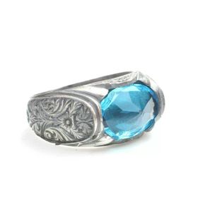 925 Ayar Gümüş Kolları Desenli Oval Akuamarin Taşlı Erkek Yüzük