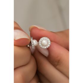 925 Ayar Gümüş Minik Beyaz İncili Tektaş Küpe