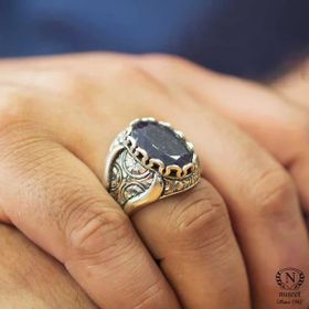 925 Ayar Gümüş Oval Kök Safir Taşlı Elişi Kalemli Erkek Yüzük