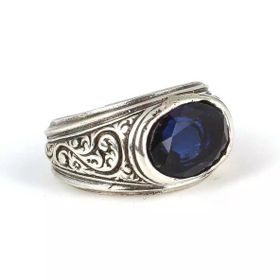 925 Ayar Gümüş Oval Sentetik Safir Taşlı Erkek Yüzük