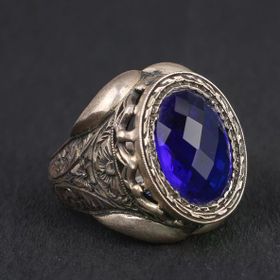 925 Ayar Gümüş Oval Sentetik Safir Taşlı İşlemeli Kollu Erkek Yüzük