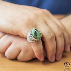 925 Ayar Gümüş Oval Yeşim Taşlı Elişi Kalemli İşlemeli Erkek Yüzük