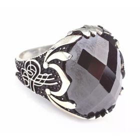 925 Ayar Gümüş Tuğra Desenli Oval Oniks Taşlı Erkek Yüzük