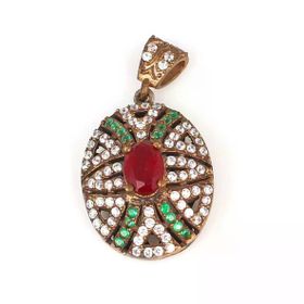 925 Ayar Gümüş ve Bronz Karışımı Oval Yakut Zümrüt Zirkon Taşlı Kolye Ucu