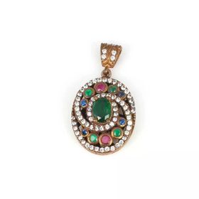 925 Ayar Gümüş ve Bronz Karışımı Oval Zümrüt Safir Yakut Zirkon Taşlı Kolye Ucu