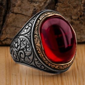 925 Ayar Gümüş Yakut Ruby Taşlı Erkek Yüzük