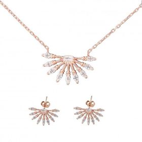 925 Ayar Gümüş Zirkon Taşlı Rose Kolye Küpe Seti