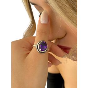 925 Ayar Oval Ametist Taş Otantik Üst Kalite Gümüş Yüzük