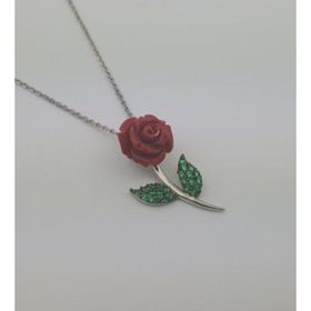 925 Ayar Zirkon Taşlı Yeşil Yapraklı Kırmızı Gül Kadın Gümüş Kolye
