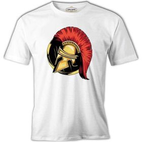 A Spartan Warrior Helmet On A Circular Background Beyaz Erkek Tshirt