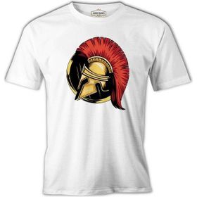 A Spartan Warrior Helmet On A Circular Background Beyaz Erkek Tshirt