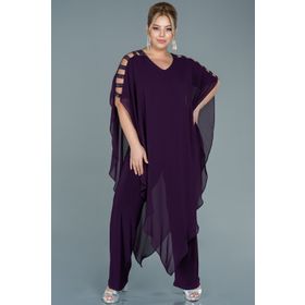 Abiyefon ABT080 Kısa Kol Şifon Büyük Beden Uzun Koyu Mor Abiye Tulum
