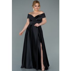 Abiyefon ABU2355 Kayık Yaka Yırtmaçlı Saten Büyük Beden Uzun Siyah Abiye Elbise