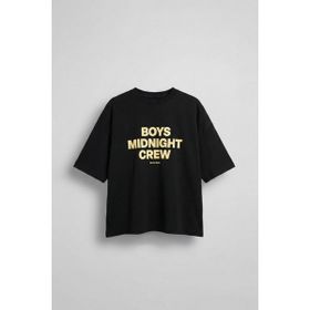 Abluka Online Siyah Erkek Boxy Fit Bisiklet Yaka Yazı Baskılı T-Shirt
