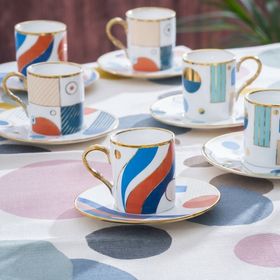 Acar 6 Kişilik Geometrik Desenli 110 ml Porselen Kahve Fincan Takımı