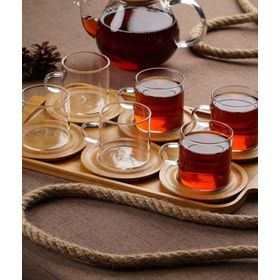 Acar Bambu Tabaklı 6 lı Cam Çay Bardağı