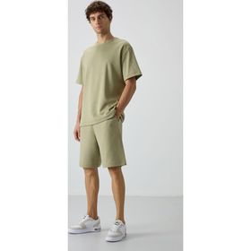 Açık Çağla Pamuklu Kalın Yumuşak Dokulu Oversize Fit Basic Erkek Şort Takım