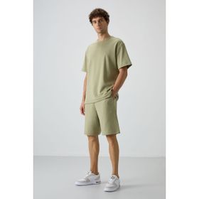 Açık Çağla Pamuklu Kalın Yumuşak Dokulu Oversize Fit Basic Erkek Şort Takım