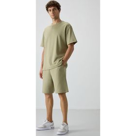Açık Çağla Pamuklu Kalın Yumuşak Dokulu Oversize Fit Basic Erkek Şort Takım