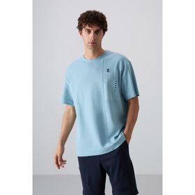 Açık Mavi Pamuklu Kalın Yüzeyi Dokulu Oversize Fit Baskılı Erkek T-Shirt