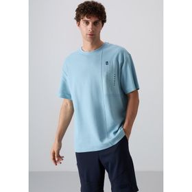 Açık Mavi Pamuklu Kalın Yüzeyi Dokulu Oversize Fit Baskılı Erkek T-Shirt