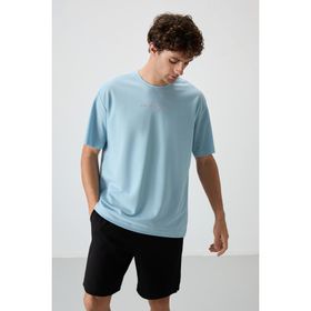 Açık Mavi Pamuklu Kalın Yüzeyi Dokulu Oversize Fit Baskılı Erkek T-Shirt
