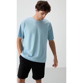 Açık Mavi Pamuklu Kalın Yüzeyi Dokulu Oversize Fit Baskılı Erkek T-Shirt