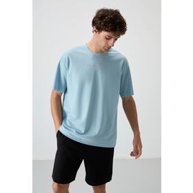 Açık Mavi Pamuklu Kalın Yüzeyi Dokulu Oversize Fit Baskılı Erkek T-Shirt