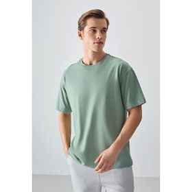 Açık Yeşil %100 Pamuk Kalın Yumuşak Dokulu Oversize Fit Basic Erkek T-Shirt