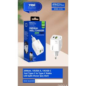 ACL AC-96 20 W 1xUSB-A 1xUSB-C 1 mt Type-C to Type-C Kablo Duvar Şarj Aleti