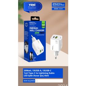 ACL AC-97 20W 1xUSB-A 1xUSB-C 1 mt Type-C to Lightning Kablo Duvar Şarj Aleti