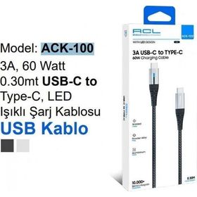 ACL ACK-100 3A 60 W 0.30 mt USB-C to Type-C Led Işıklı USB Uyumlu Şarj Kablosu
