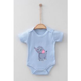 Ada Bebek Fil Desenli Kısa Kollu Organik Pamuklu Mavi Bebek Zıbın