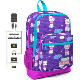 Adalinhome Coral High Kids USB+AUX Soketli Desenli Dört Bölmeli Okul Sırt Çantası