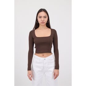 Addax Uzun Kollu Kare Yaka Basic Bordo Kadın Crop Bluz