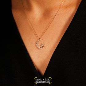 Adilidil Taşlı Ay Yıldız 14 Ayar Kolye