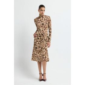 adL 12445785000 Leopar Kahve Yırtmaçlı Örme Elbise