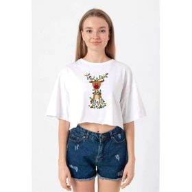 Adorable Reindeer Christmas Beyaz Kadın Crop Tshirt