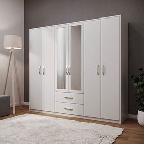 Adore Mobilya Beyaz 188x239x55 cm 6 Kapılı 2 Çekmeceli Aynalı Gardırop