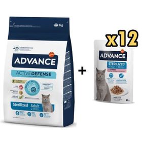 Advance Hindi Etli Kısırlaştırılmış 3 kg Kedi Mama+Advance Hindili Kısır Kedi 12x85 gr Yaş Mama