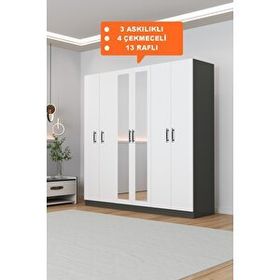 Aeka AE-2116 Kale Aynalı Antrasit Beyaz 6 Kapaklı 13 Raflı 3 Askılıklı 180 cm Gardırop