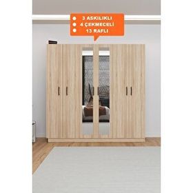 Aeka AE-2116 Kale Aynalı Sonomo 6 Kapaklı 13 Raflı 3 Askılıklı 180 cm Gardırop