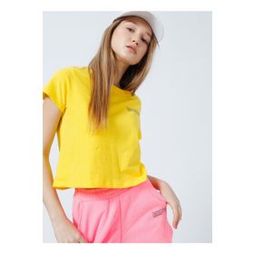 Aeropostale K-Belenus-Y Bisiklet Yaka Kısa Kollu Sarı Crop Baskılı Kadın T-Shirt