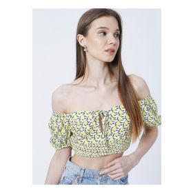 Aeropostale K-PENA Kalp Yaka Crop Desenli Sarı Beyaz Kadın Bluz