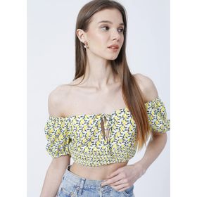 Aeropostale K-PENA Kalp Yaka Crop Desenli Sarı Beyaz Kadın Bluz