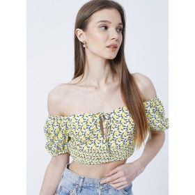 Aeropostale K-PENA Kalp Yaka Crop Desenli Sarı Beyaz Kadın Bluz