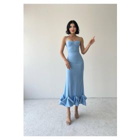 Afiş Butik Bebe Mavi Etek Ucu Asimetrik Kıvrımlı Midi Boy Elbise