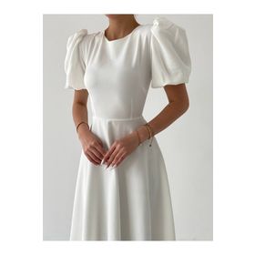 Afiş Butik Beyaz Bisiklet Yaka Balon Kol Eteği Kloş Midi Boy Premium Elbise