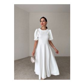 Afiş Butik Beyaz Bisiklet Yaka Balon Kol Eteği Kloş Midi Boy Premium Elbise